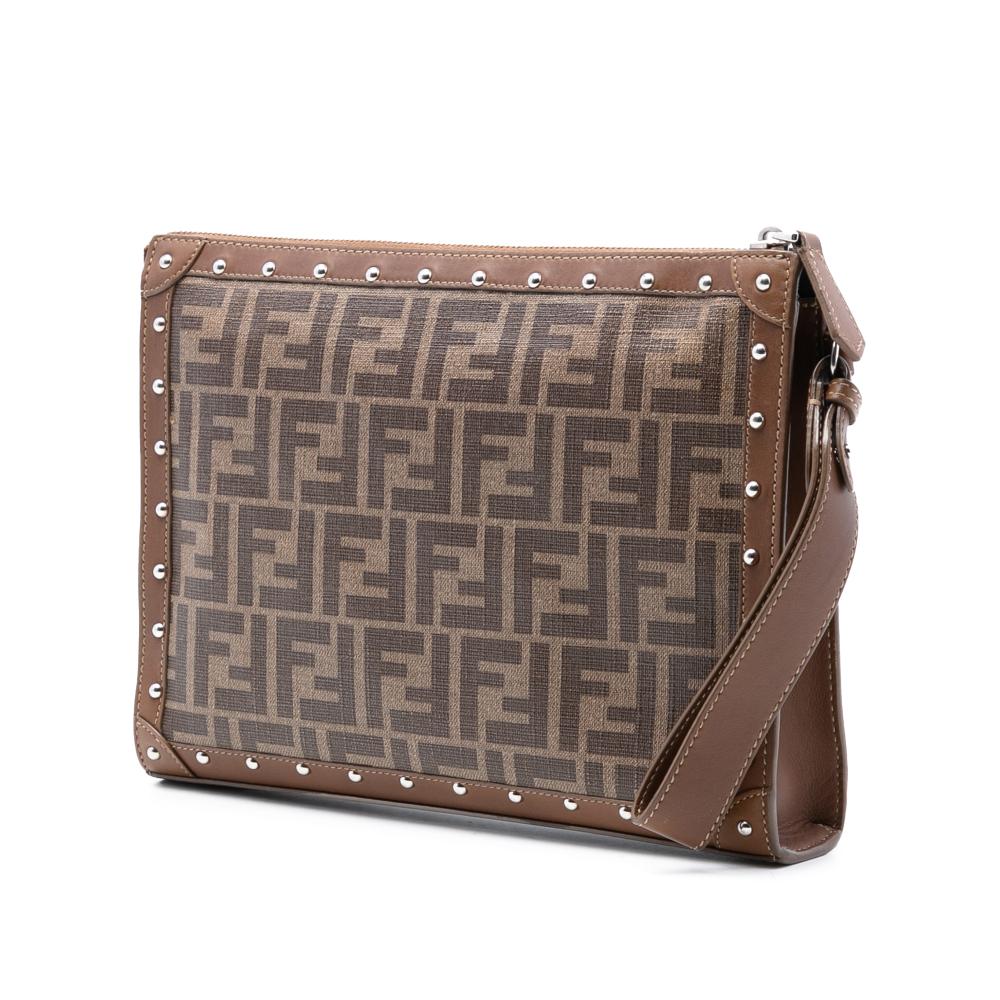Fendi B Fendi Brown Coated Canvas Fabric Studded Leather Trimmed Zucca Clutch Italy