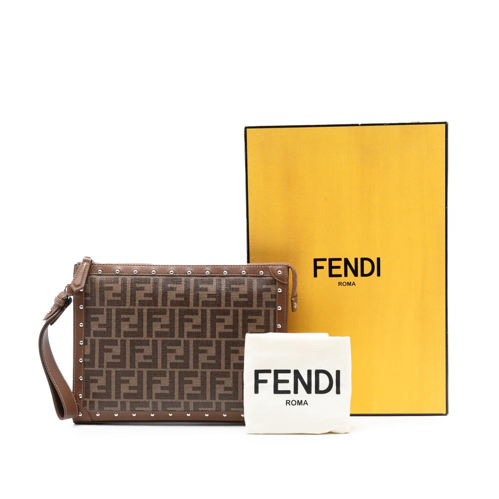 Fendi B Fendi Brown Coated Canvas Fabric Studded Leather Trimmed Zucca Clutch Italy