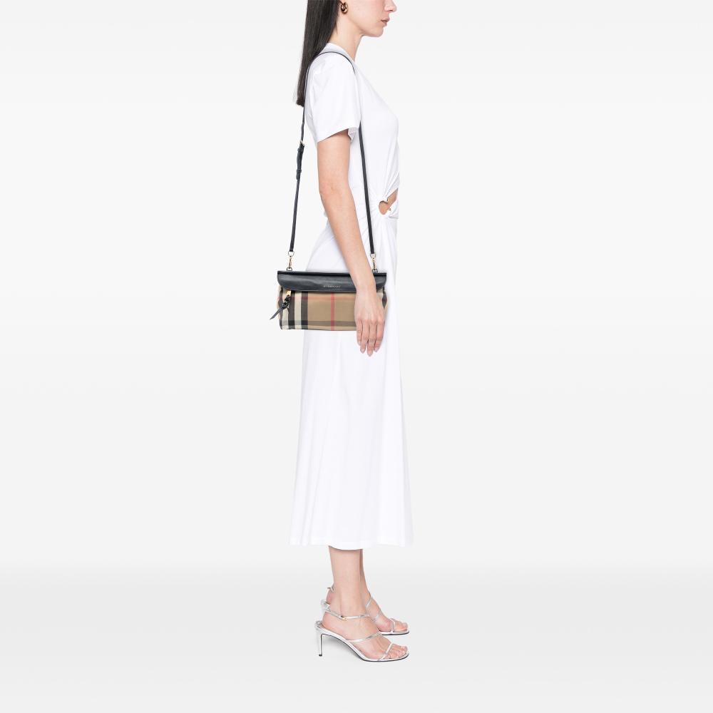 Burberry B Burberry Brown Light Brown Canvas Fabric House Check and Leather Crossbody Italy