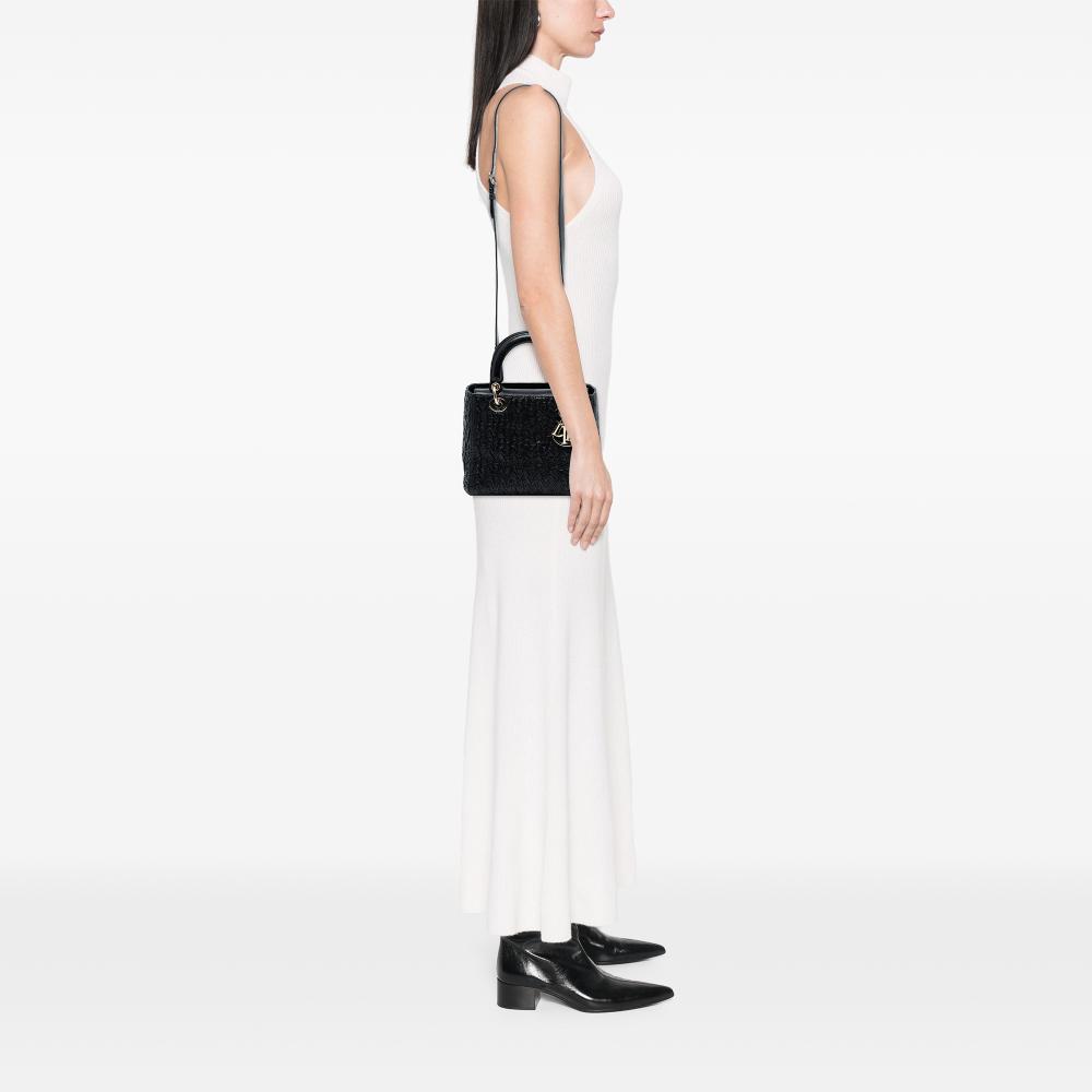 Christian Dior B Dior Black Lambskin Leather Leather Medium Wavy Crinkled Lambskin Lady Dior Italy