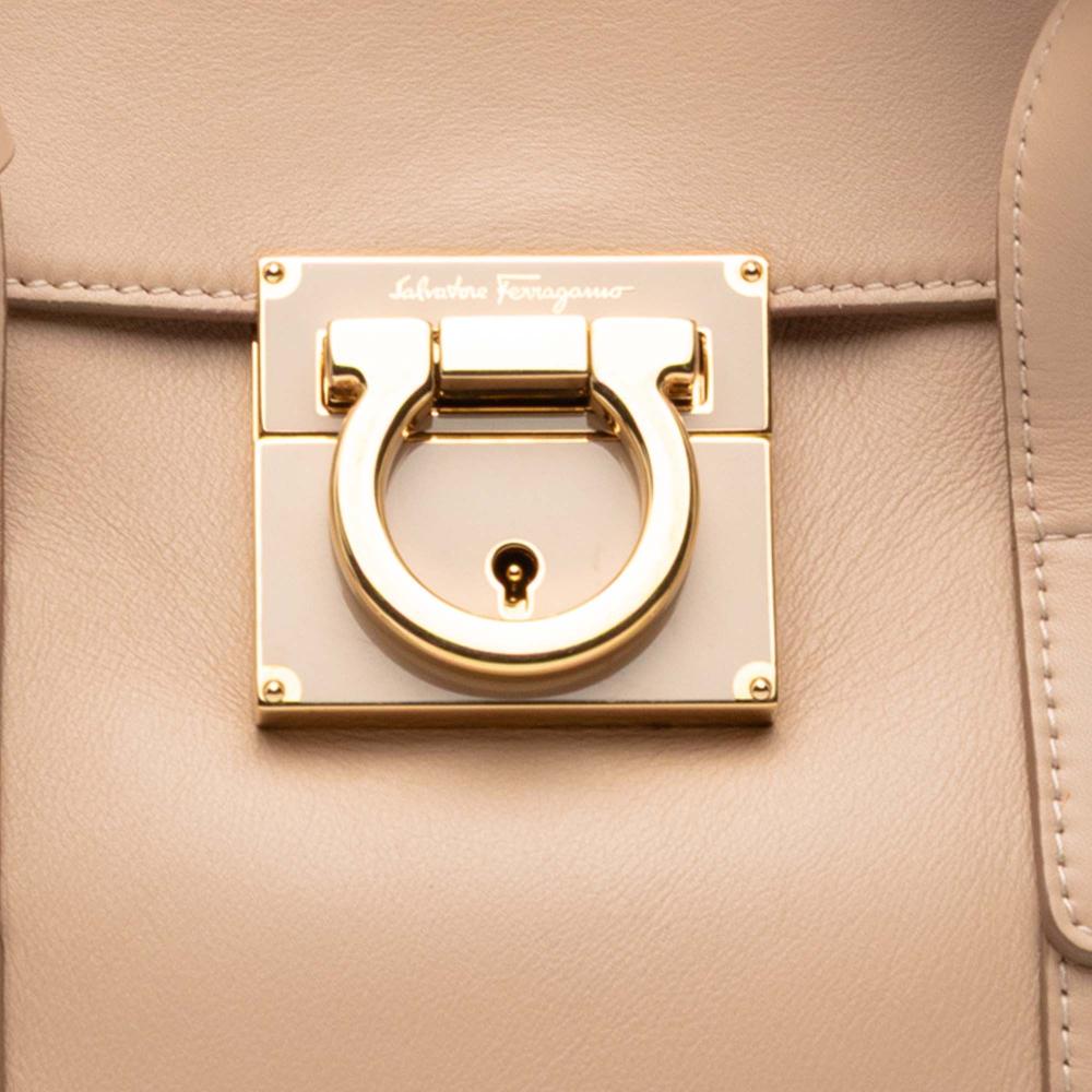 Ferragamo B Ferragamo Brown Beige Calf Leather Medium Gancini Sookie Satchel Italy