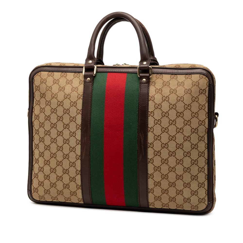 Gucci B Gucci Brown Beige Canvas Fabric GG Web Briefcase Italy