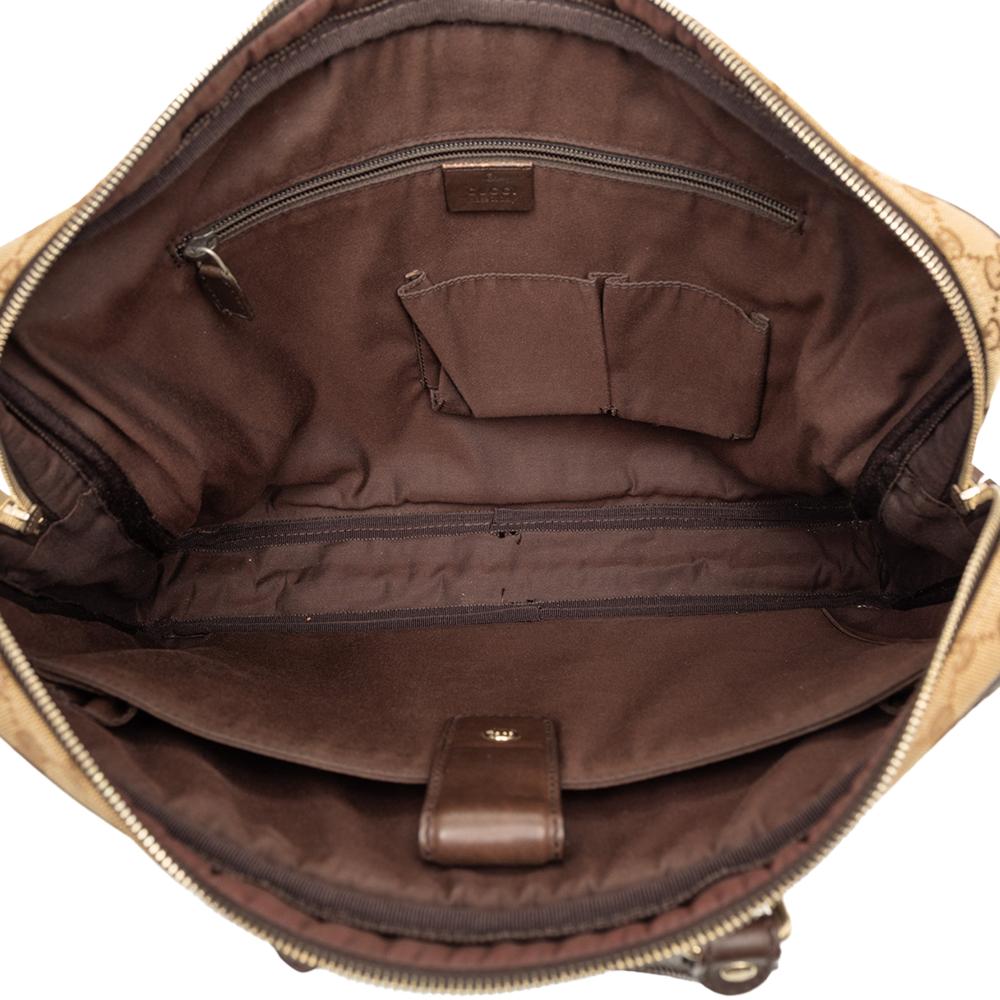 Gucci B Gucci Brown Beige Canvas Fabric GG Web Briefcase Italy