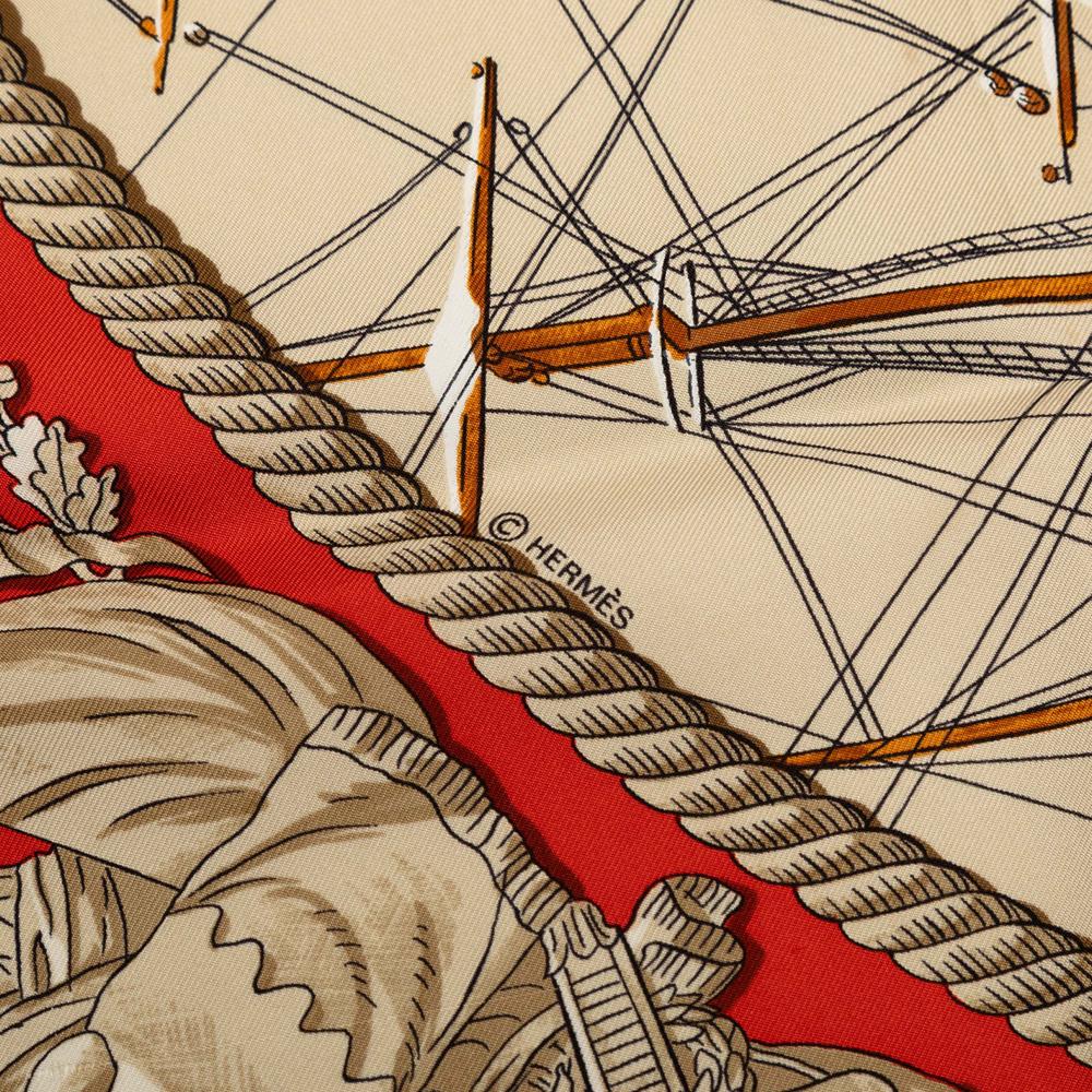 Hermès B Hermès Red with White Silk Fabric Marine et Cavalerie Scarf 90 France