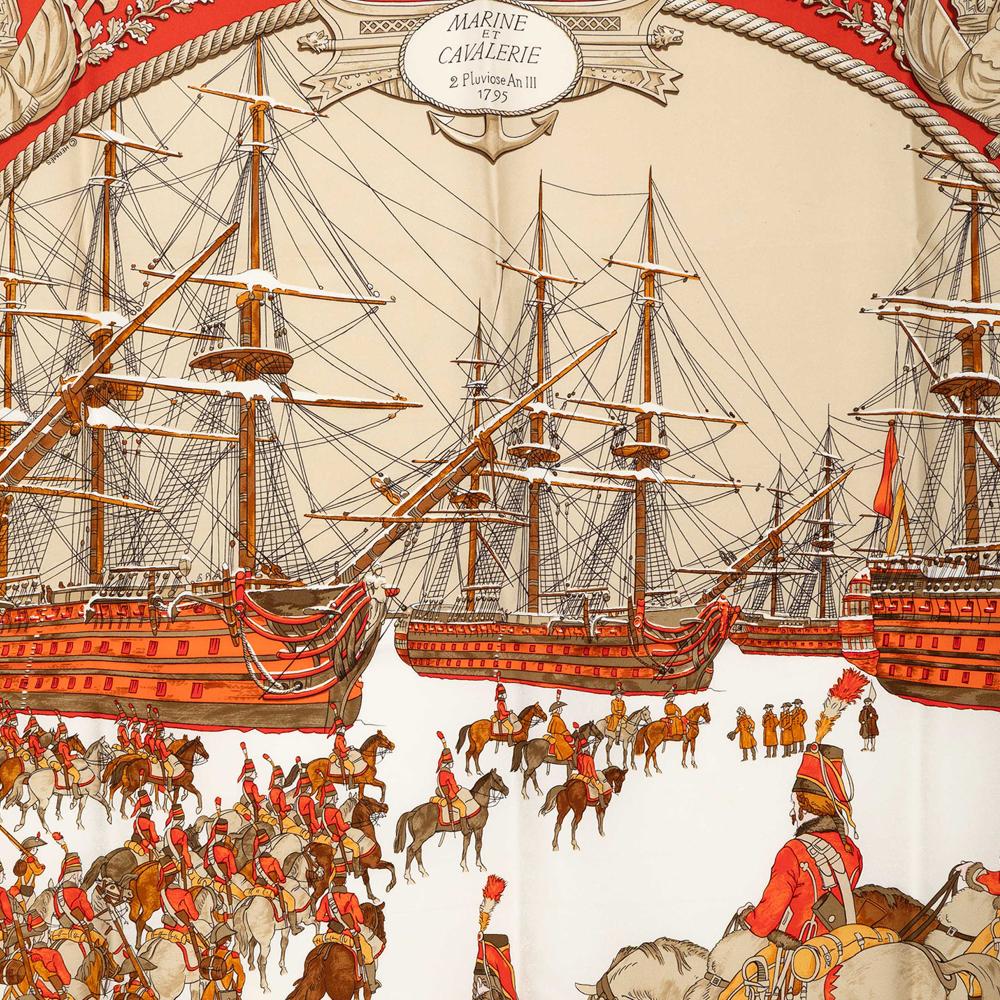 Hermès B Hermès Red with White Silk Fabric Marine et Cavalerie Scarf 90 France