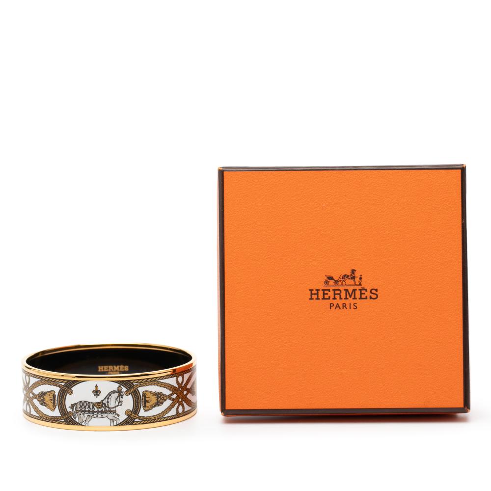 Hermès AB Hermès White with Gold Enamel Other Wide Grand Apparat Bangle France