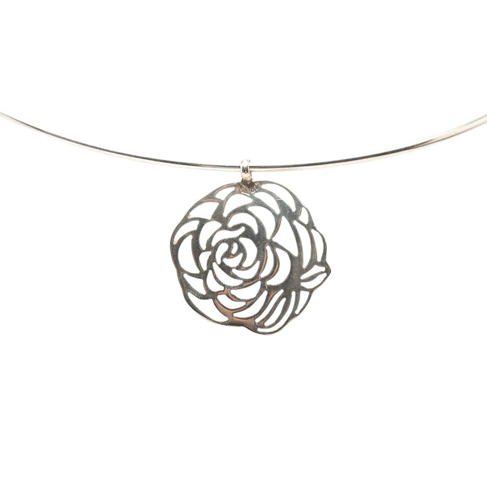 Chanel AB Chanel Silver SV925 / Sterling Silver Metal Sterling Silver Camellia Cutout Pendant Choker France