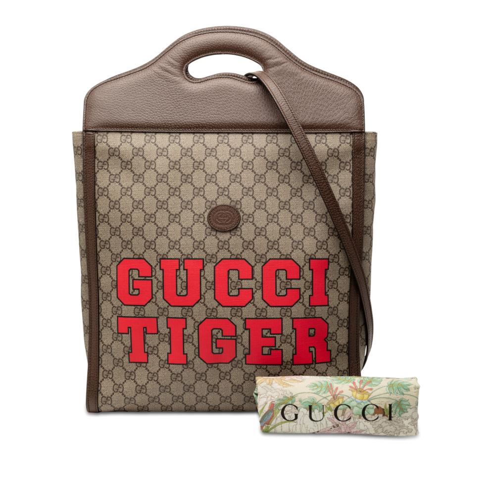 Gucci AB Gucci Brown Beige Coated Canvas Fabric GG Supreme Web Tiger Satchel Italy