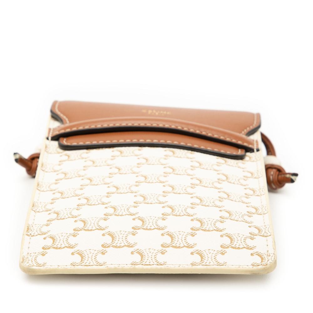 Celine AB Celine White with Brown Coated Canvas Fabric Triomphe Phone Pouch Flap Crossbody Italy