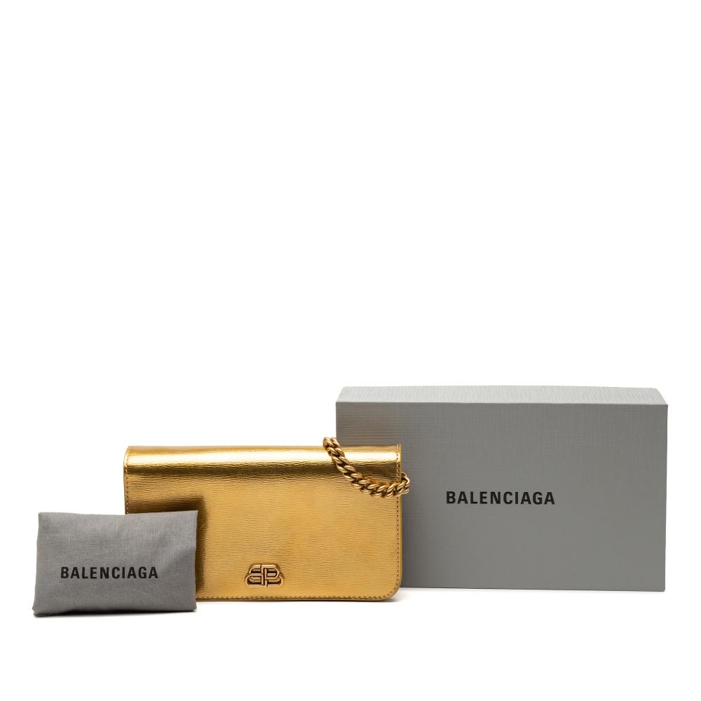 Balenciaga B Balenciaga Gold Calf Leather Metallic BB Phone Holder with Chain Italy