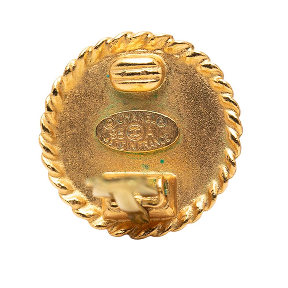 Chanel B Chanel Gold Gold Plated Metal CC and Enamel Round Clip on Earrings France