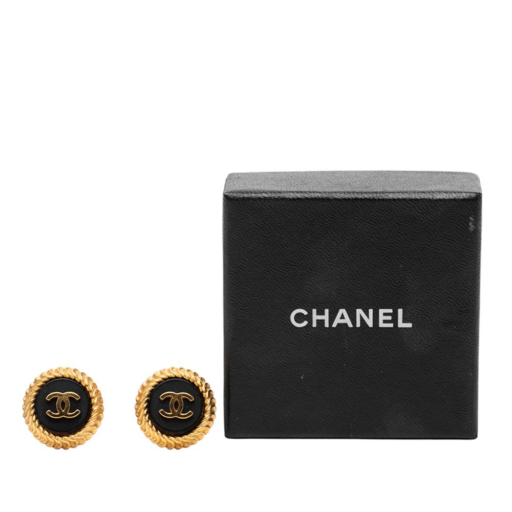 Chanel B Chanel Gold Gold Plated Metal CC and Enamel Round Clip on Earrings France