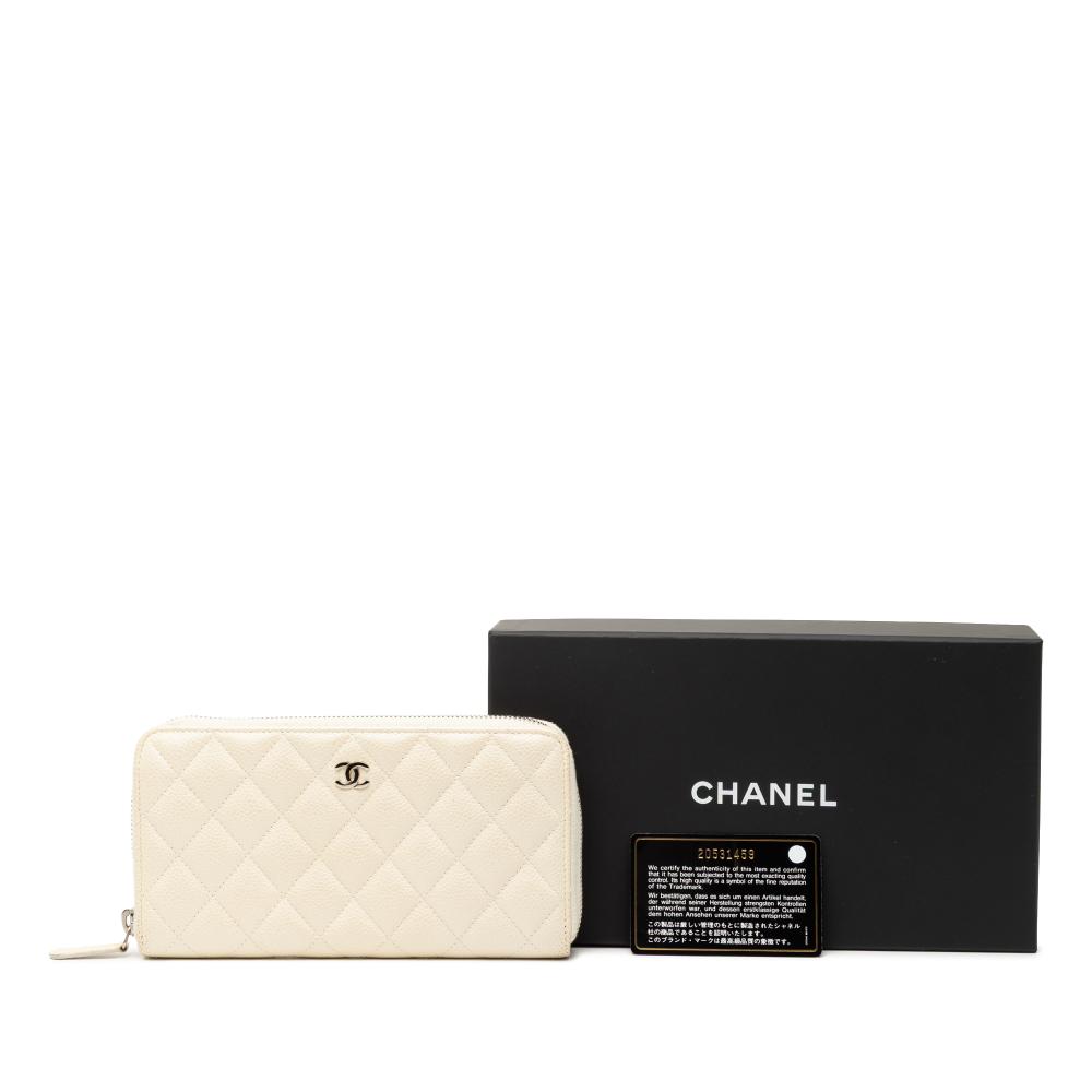 Chanel White Ivory Caviar Leather Leather CC Quilted Iridescent Caviar Zip Around Long Wallet Spain