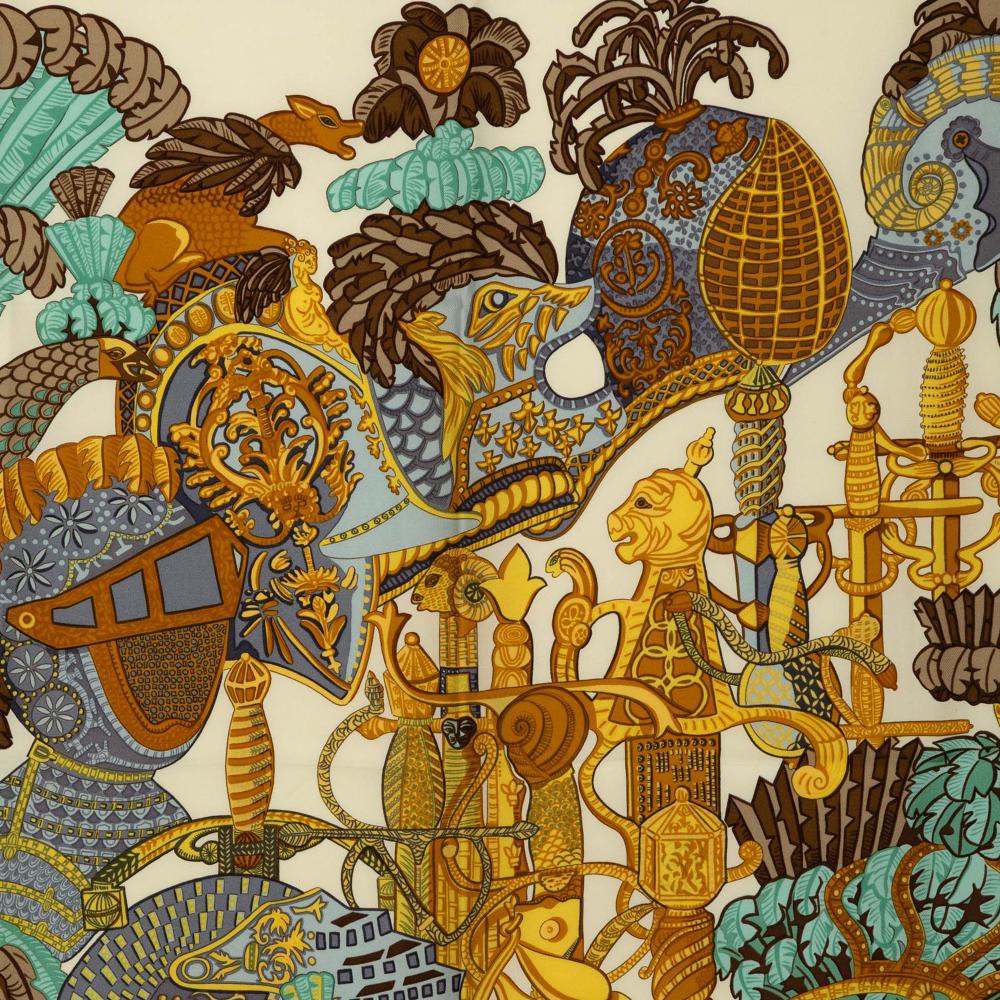 Hermès AB Hermès Brown Light Beige Silk Fabric Armets En Panache Scarf France