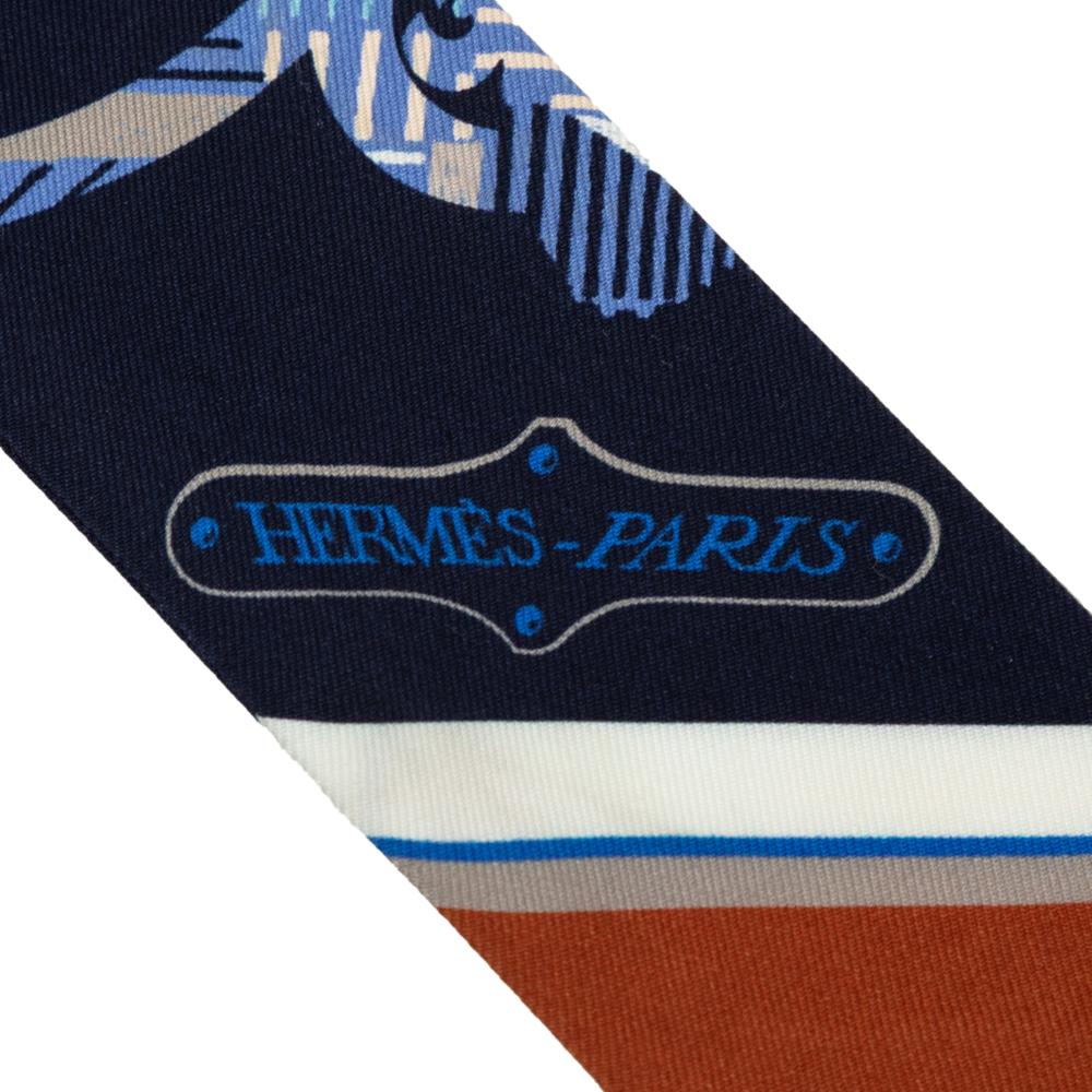 Hermès B Hermès Blue Silk Fabric Cavalcadour Morning Twilly Scarf France
