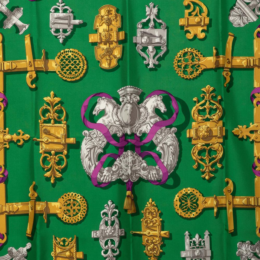 Hermès AB Hermès Green Silk Fabric Ferronnerie Scarf 90 France