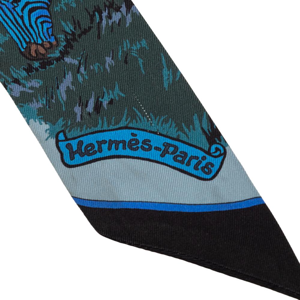 Hermès AB Hermès Blue Peacock Silk Fabric Les Zebres Twilly Scarf France