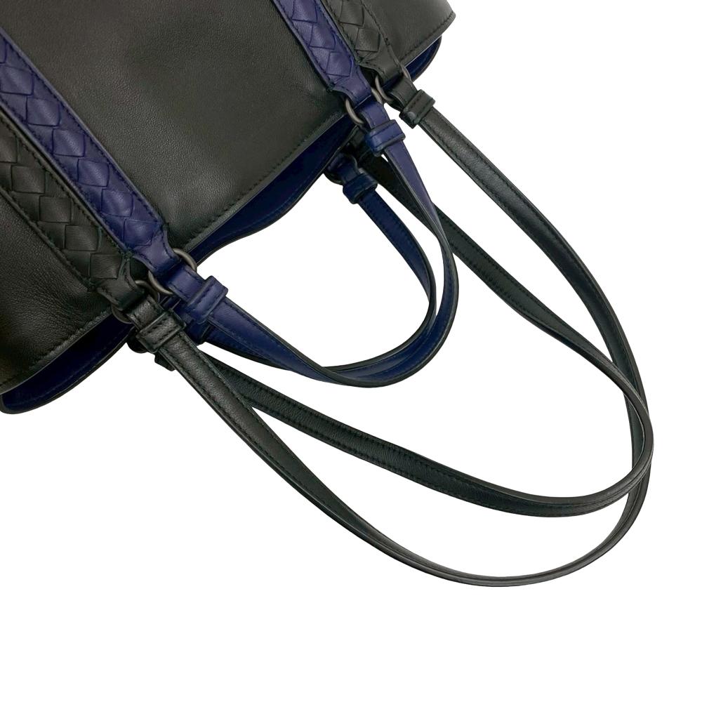 Bottega Veneta AB Bottega Veneta Black with Blue Nappa Leather Leather Intrecciato Trimmed Nappa Satchel Italy