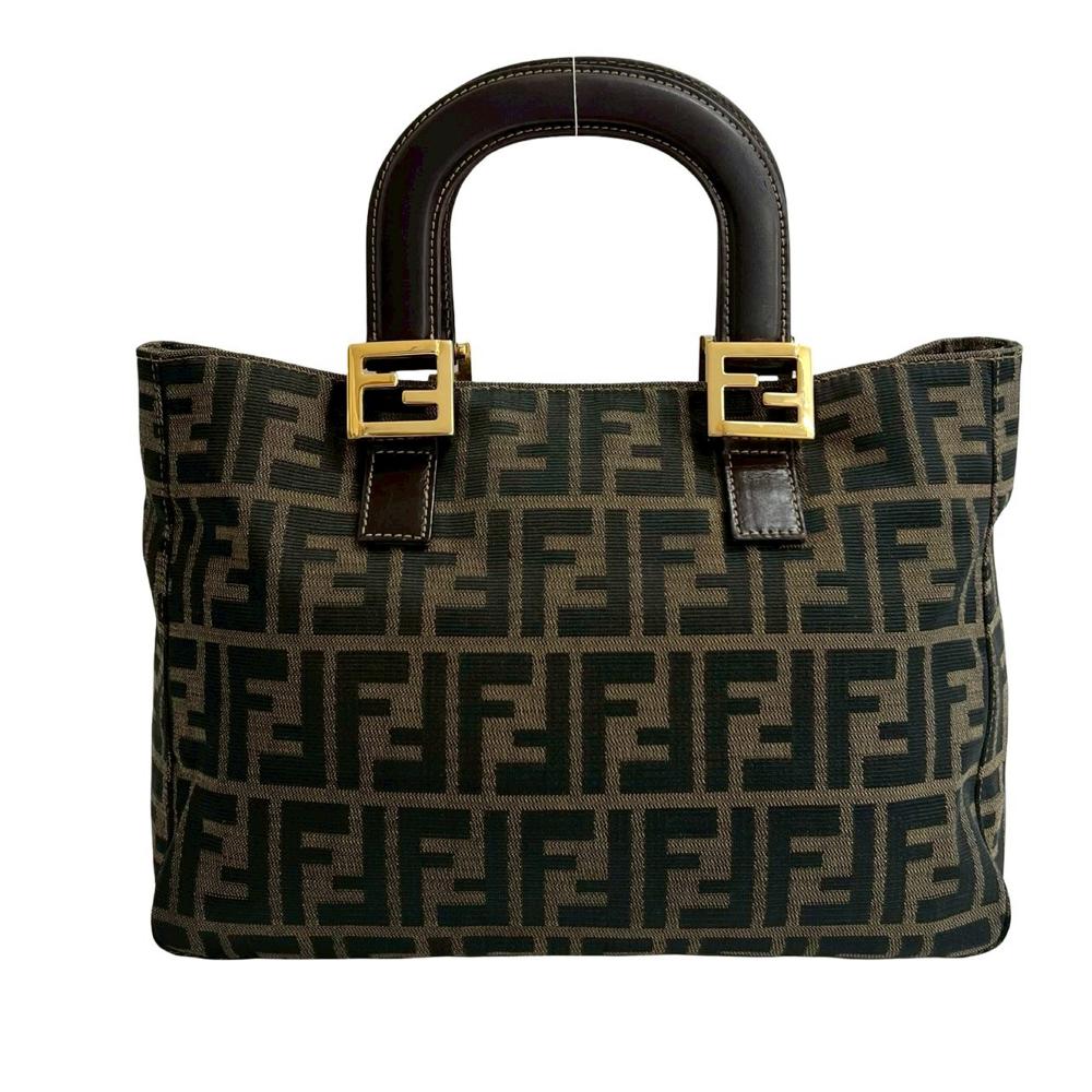 Fendi B Fendi Brown Canvas Fabric Small Zucca Twins Tote Italy