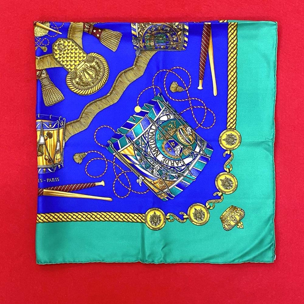 Hermès AB Hermès Blue with Green Silk Fabric Les Tambours Scarf France