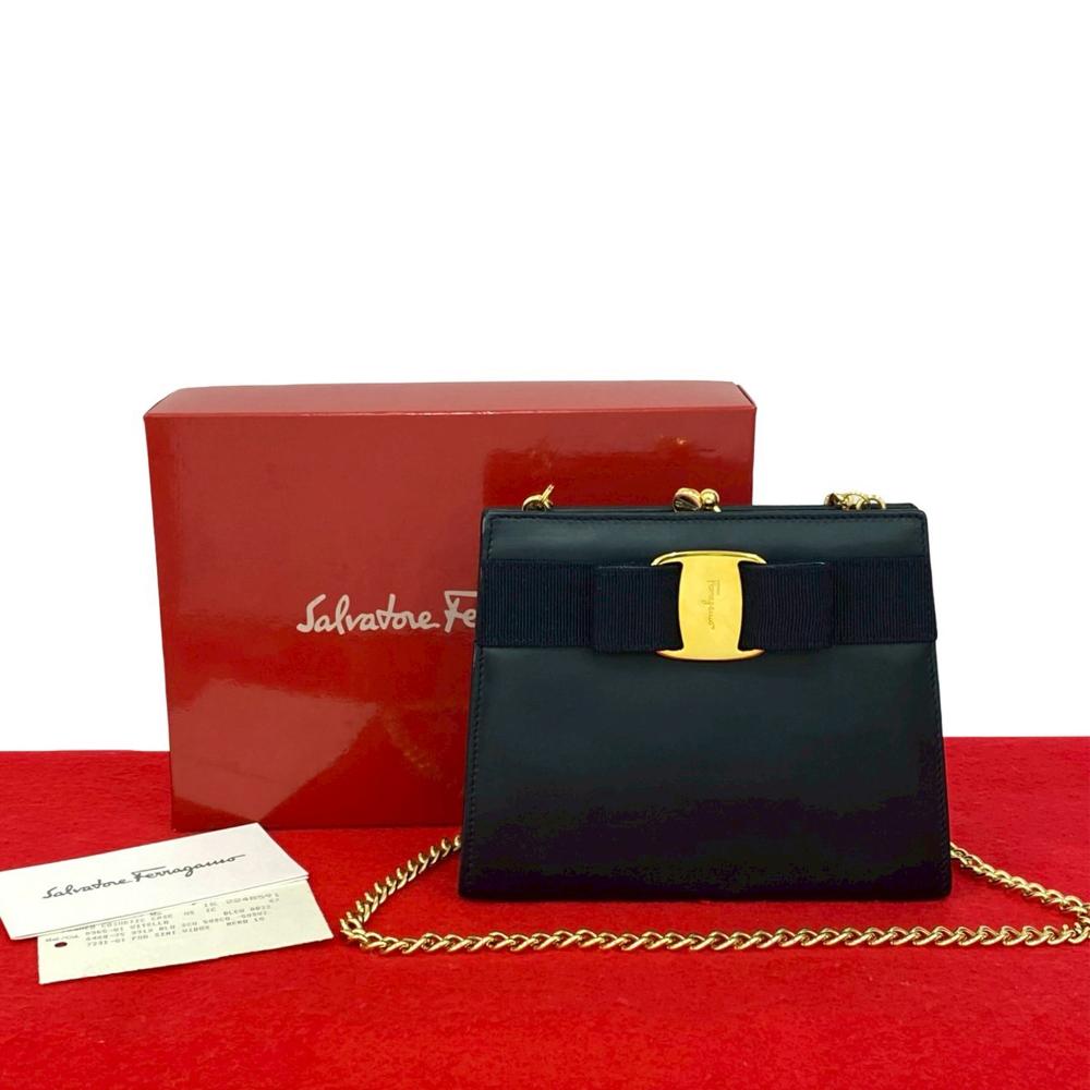 Ferragamo AB Ferragamo Blue Navy Calf Leather Vara Chain Crossbody Italy