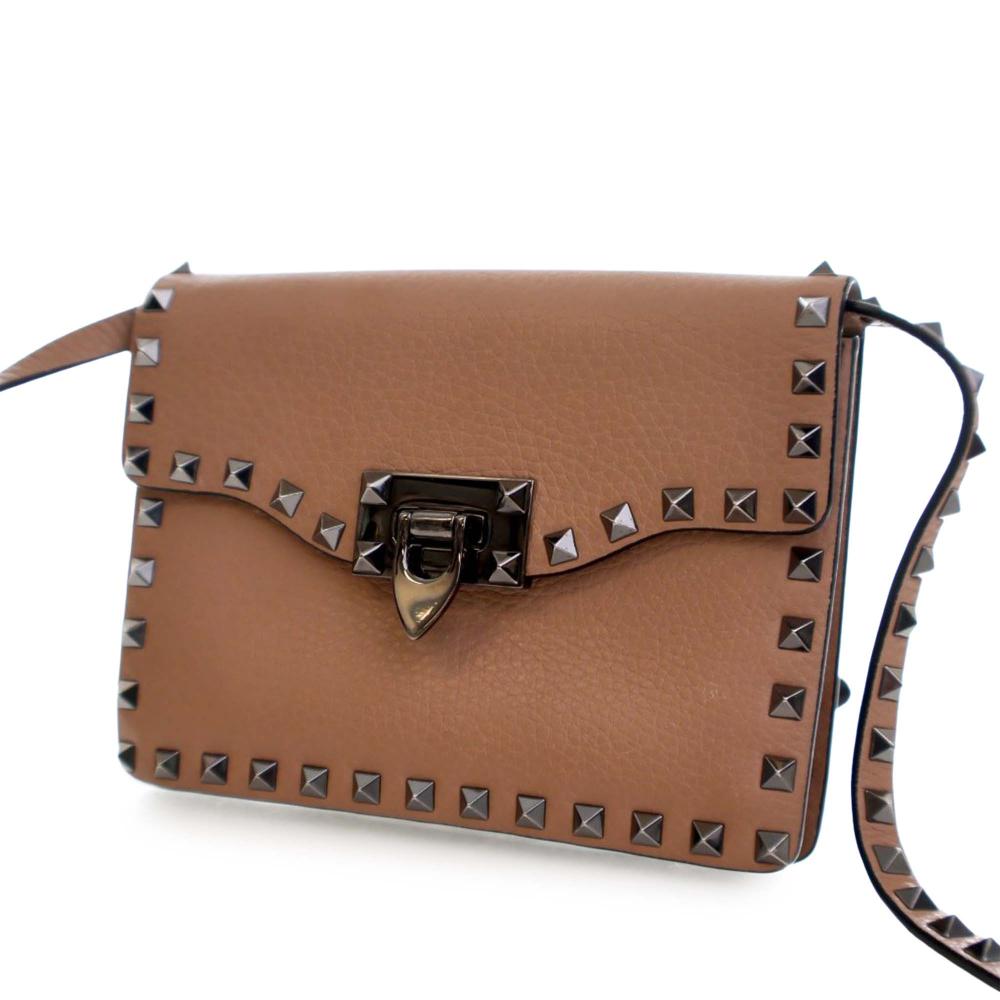 Valentino AB Valentino Brown Light Brown Calf Leather Mini Rockstud Flap Crossbody Italy