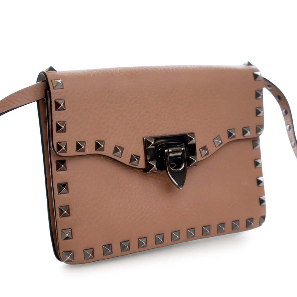 Valentino AB Valentino Brown Light Brown Calf Leather Mini Rockstud Flap Crossbody Italy