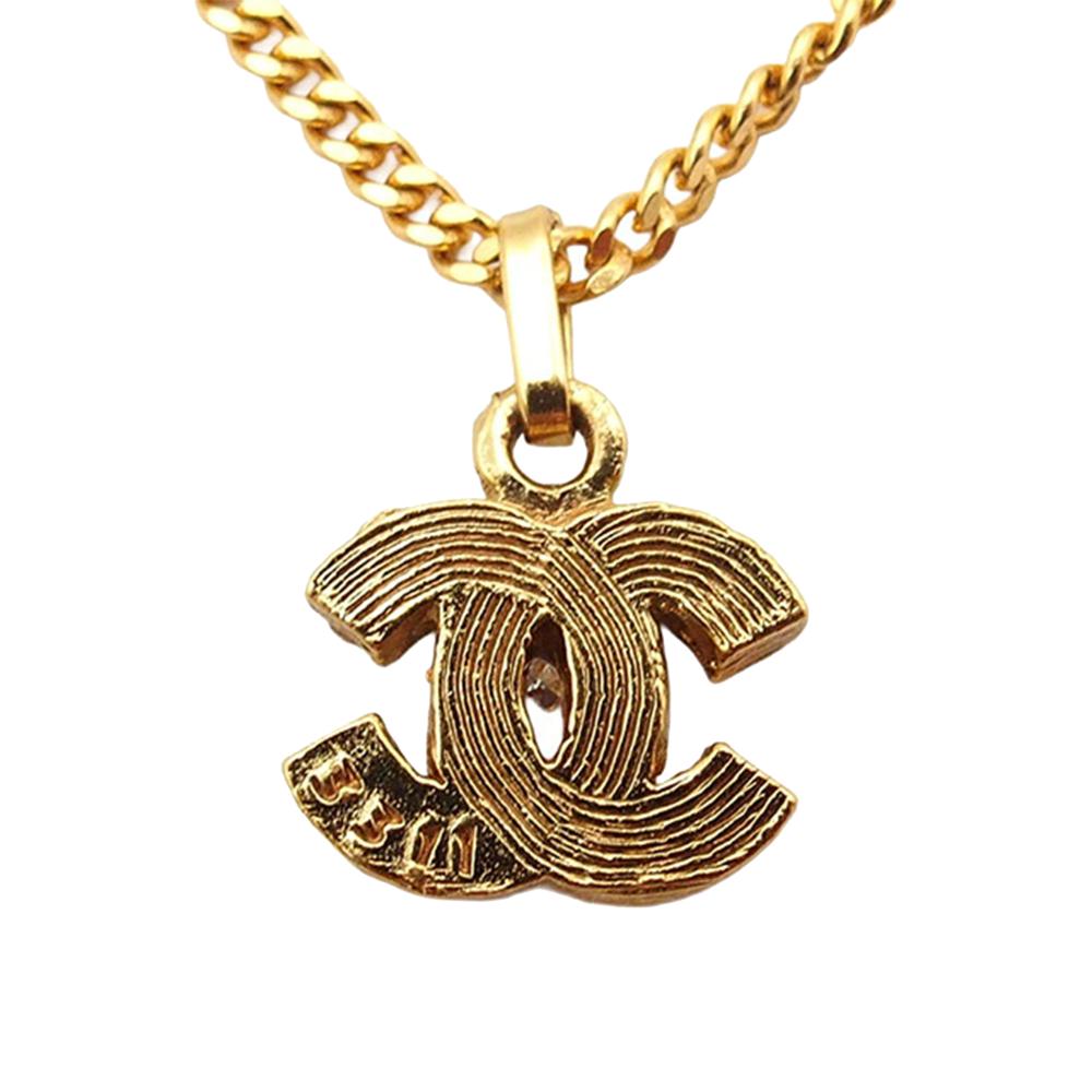 Chanel B Chanel Gold Gold Plated Metal CC Rhinestone Pendant Necklace France