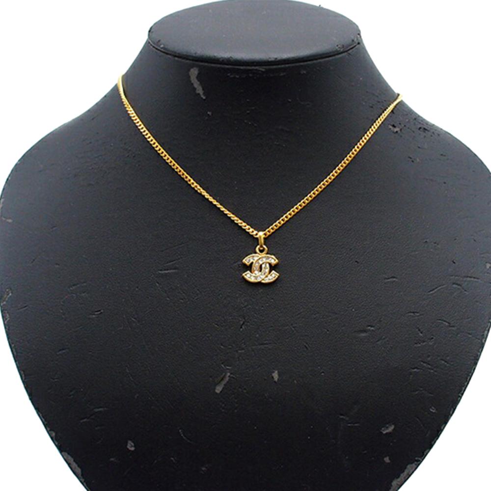 Chanel B Chanel Gold Gold Plated Metal CC Rhinestone Pendant Necklace France