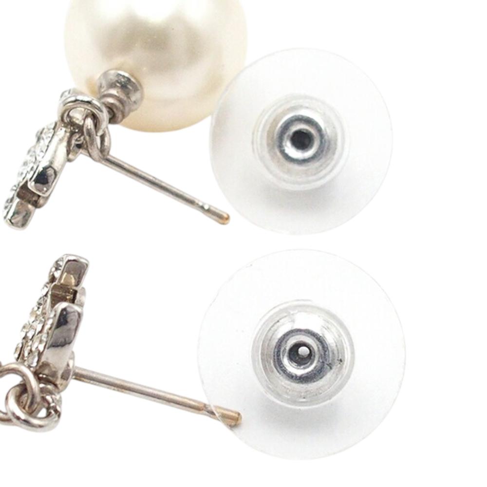 Chanel AB Chanel Silver Silver Plated Metal CC Crystal Faux Pearl Drop Push Back Earrings France