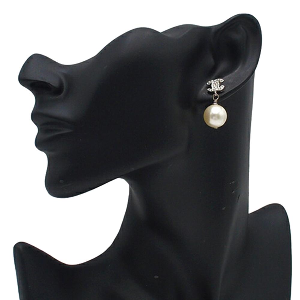 Chanel AB Chanel Silver Silver Plated Metal CC Crystal Faux Pearl Drop Push Back Earrings France