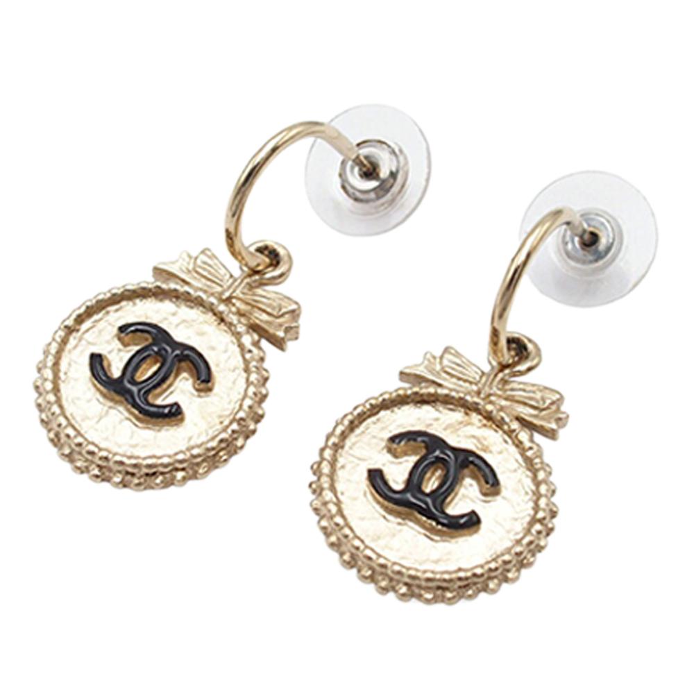 Chanel Gold Light Gold Gold Plated Metal CC Enamel Round Bow Dangle Stud Push Back Earrings France