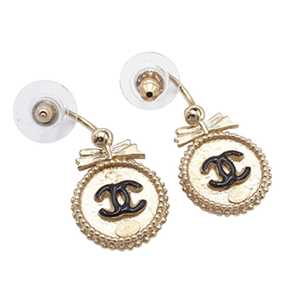 Chanel Gold Light Gold Gold Plated Metal CC Enamel Round Bow Dangle Stud Push Back Earrings France