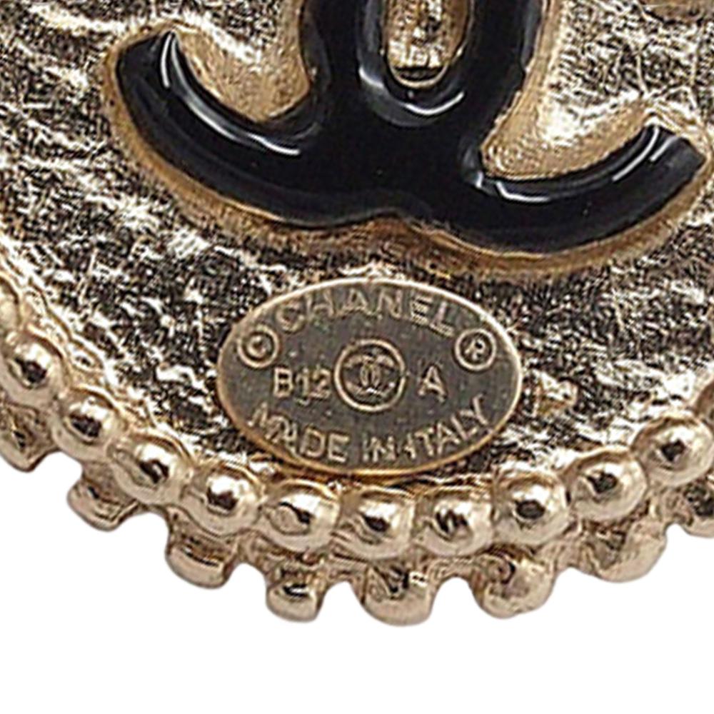 Chanel Gold Light Gold Gold Plated Metal CC Enamel Round Bow Dangle Stud Push Back Earrings France