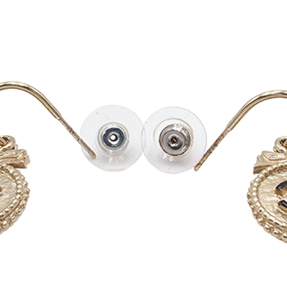 Chanel Gold Light Gold Gold Plated Metal CC Enamel Round Bow Dangle Stud Push Back Earrings France