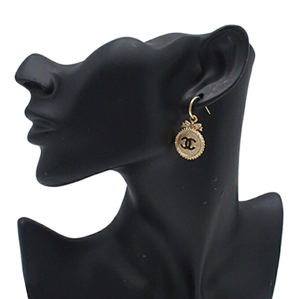 Chanel Gold Light Gold Gold Plated Metal CC Enamel Round Bow Dangle Stud Push Back Earrings France