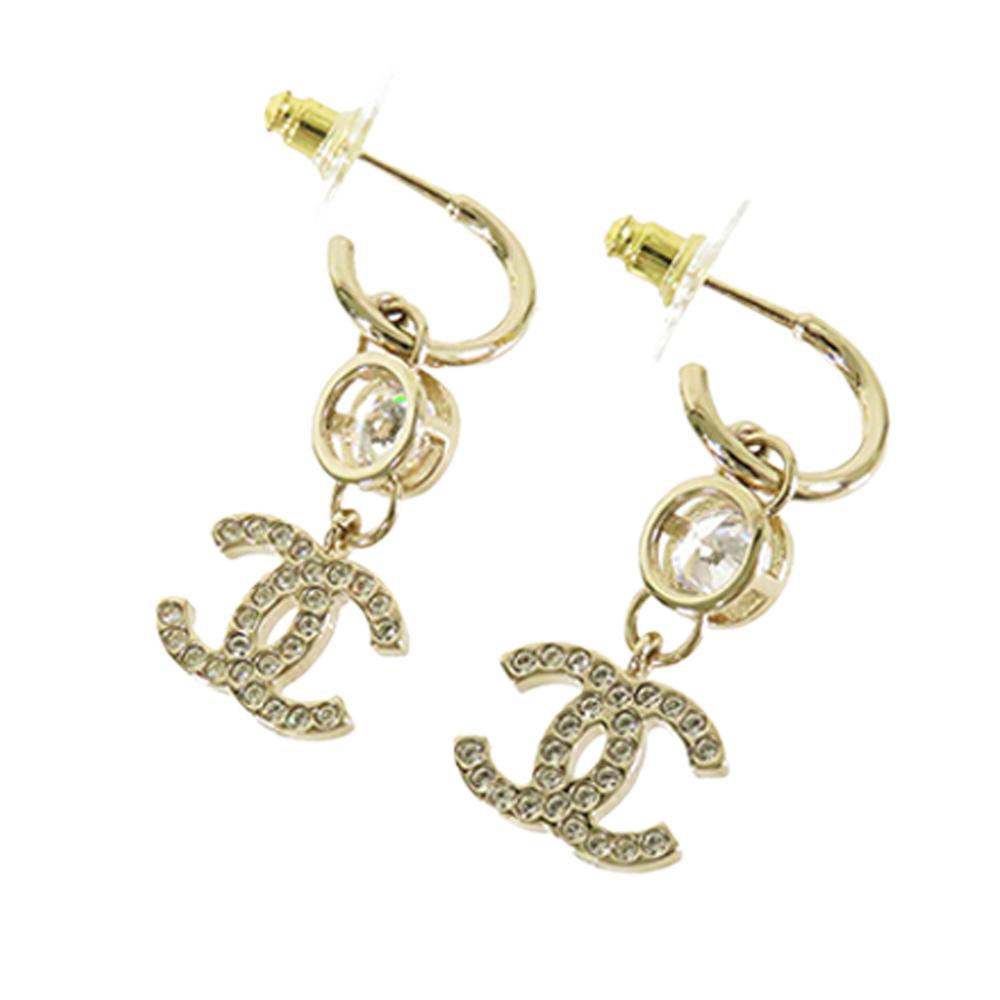 Chanel AB Chanel Gold Gold Plated Metal CC Crystal Drop Hoop Push Back Earrings Italy