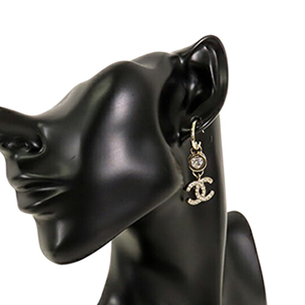 Chanel AB Chanel Gold Gold Plated Metal CC Crystal Drop Hoop Push Back Earrings Italy