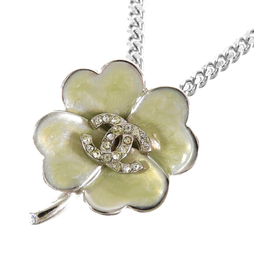 Chanel AB Chanel Silver Silver Plated Metal CC Crystal Clover Pendant Necklace France