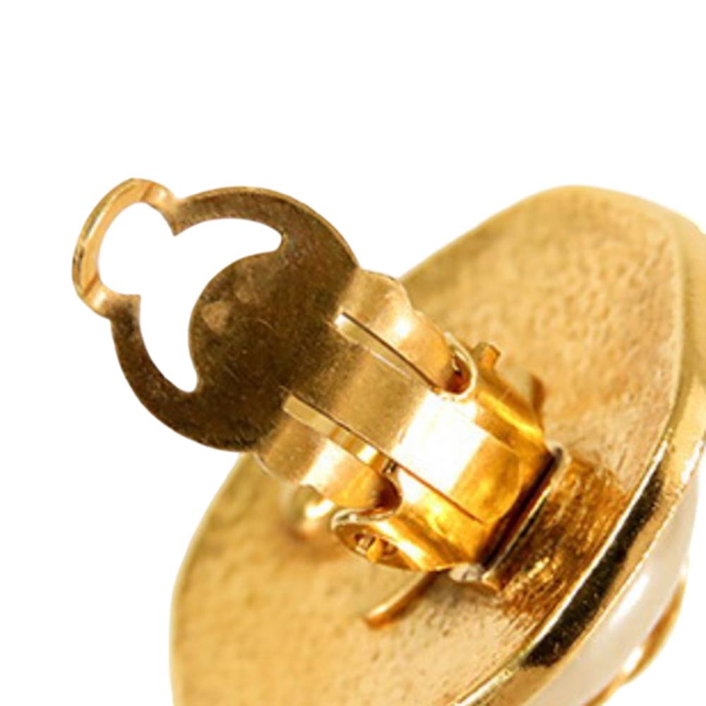 Chanel B Chanel Gold Gold Plated Metal CC Faux Pearl Octagon Clip on Earrings France