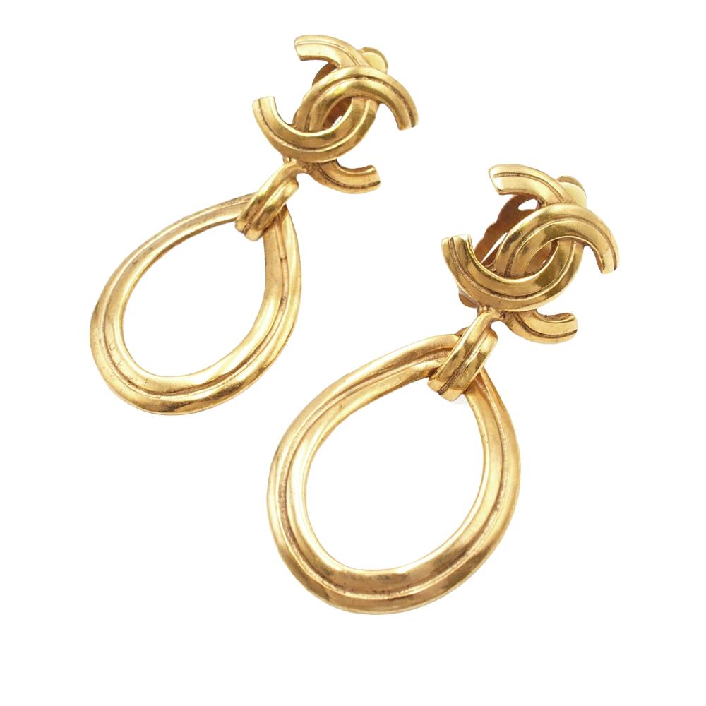 Chanel B Chanel Gold Gold Plated Metal CC Teardrop Dangle Hoop Clip On Earrings France