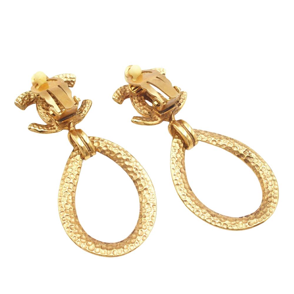 Chanel B Chanel Gold Gold Plated Metal CC Teardrop Dangle Hoop Clip On Earrings France