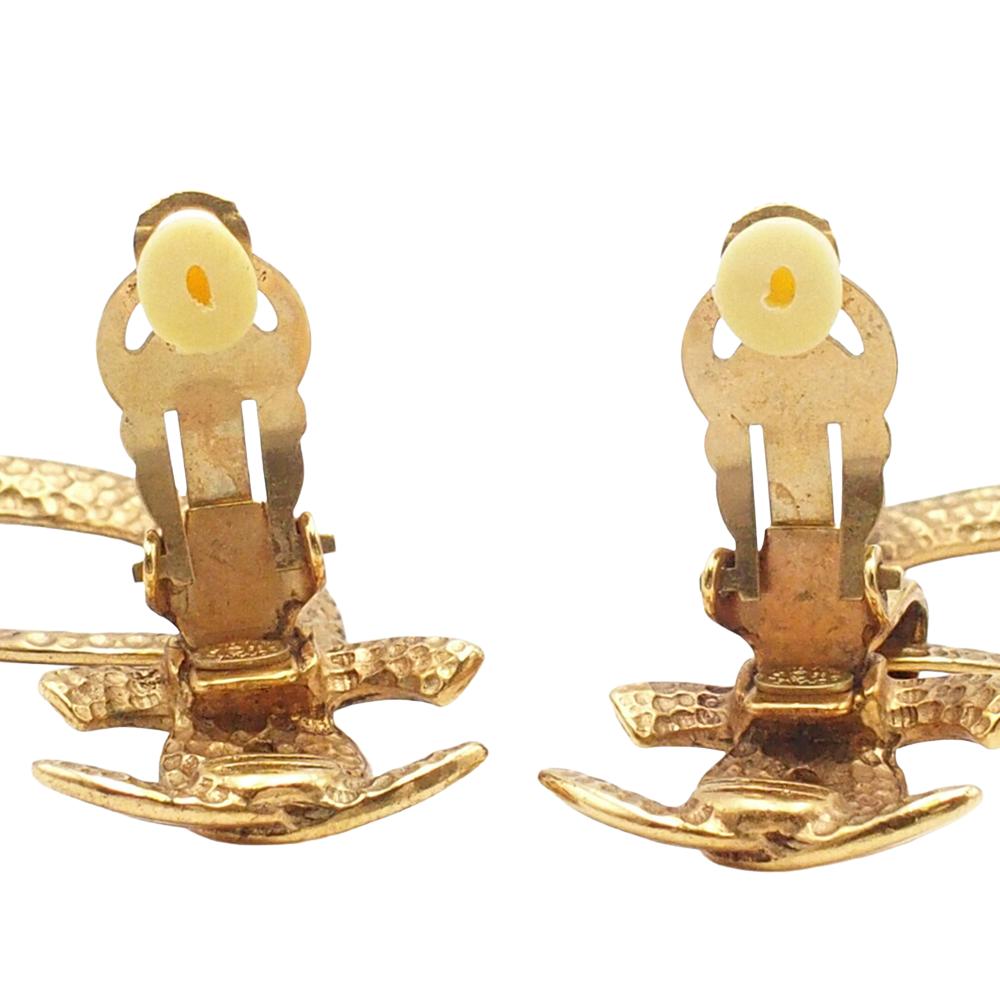 Chanel B Chanel Gold Gold Plated Metal CC Teardrop Dangle Hoop Clip On Earrings France