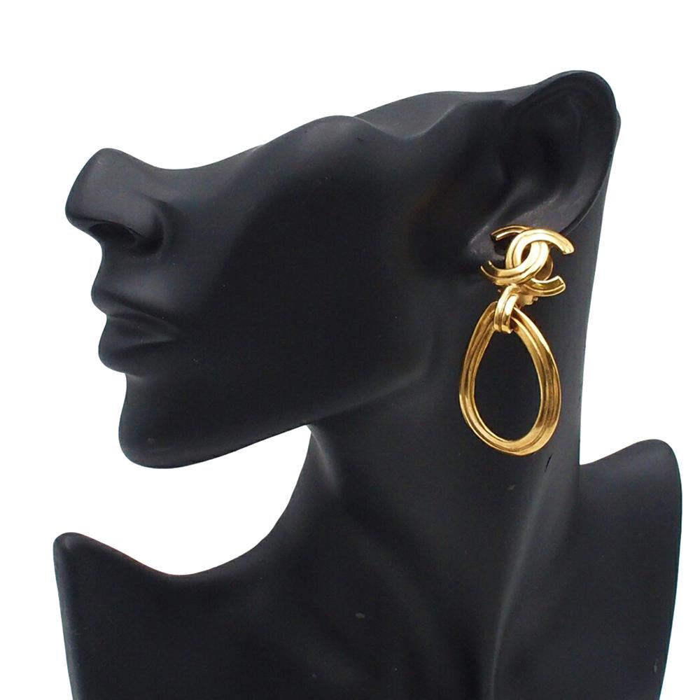 Chanel B Chanel Gold Gold Plated Metal CC Teardrop Dangle Hoop Clip On Earrings France