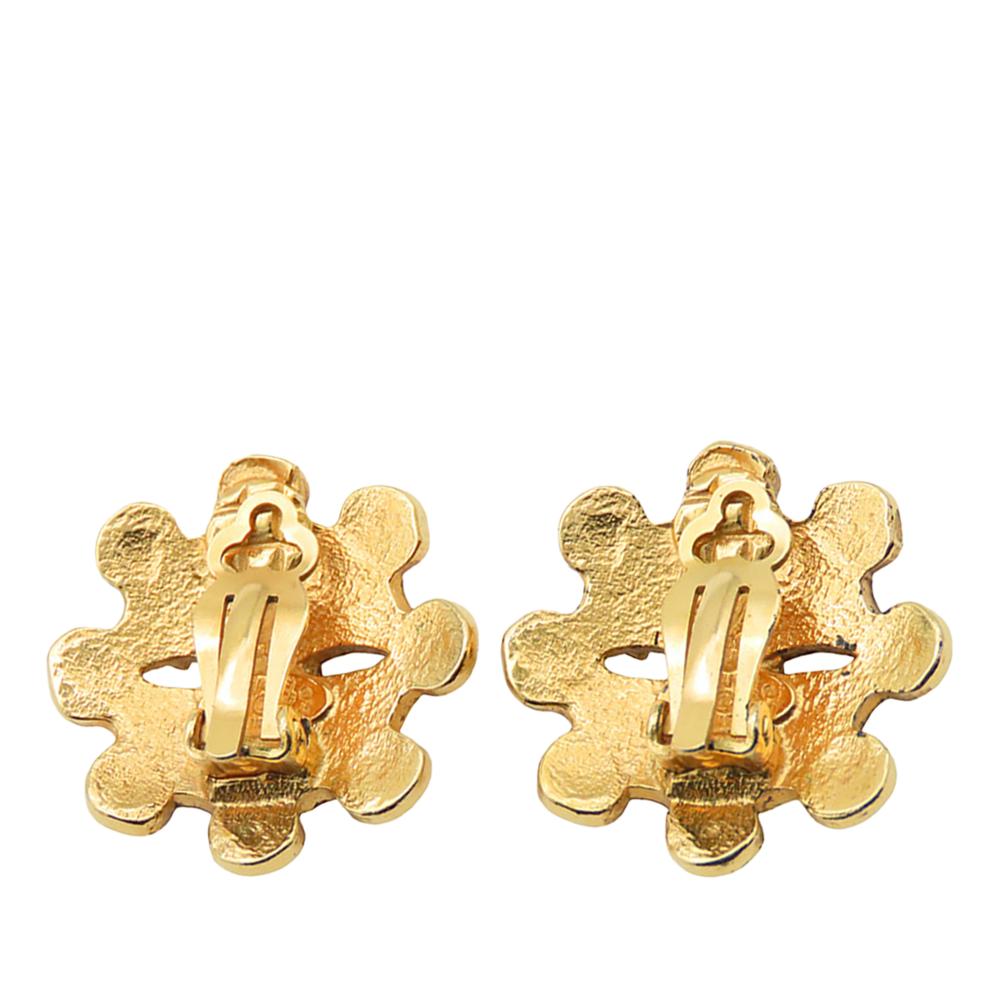 Chanel B Chanel Gold Gold Plated Metal CC Flower Clip On Earrings France