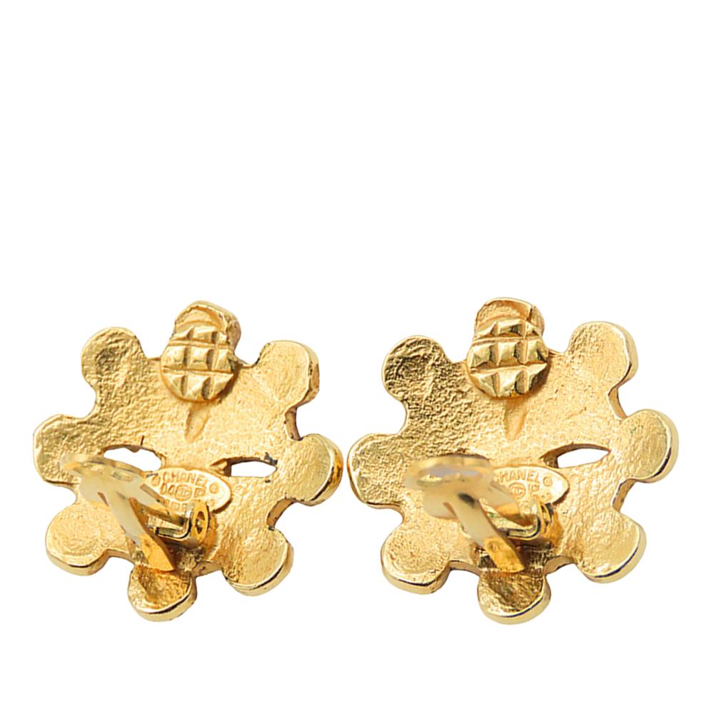 Chanel B Chanel Gold Gold Plated Metal CC Flower Clip On Earrings France