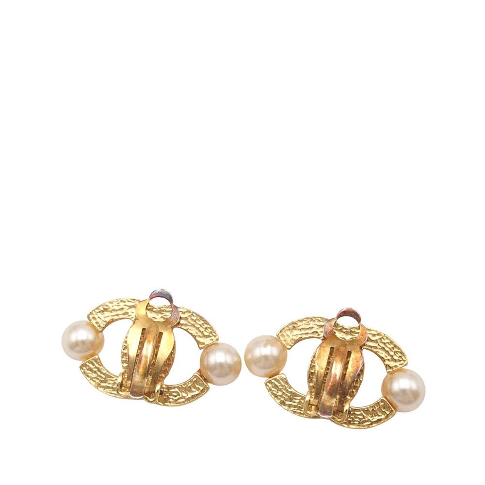 Chanel B Chanel Gold with White Pearl Gold Plated Metal CC Faux Pearl Clip on Earrings France
