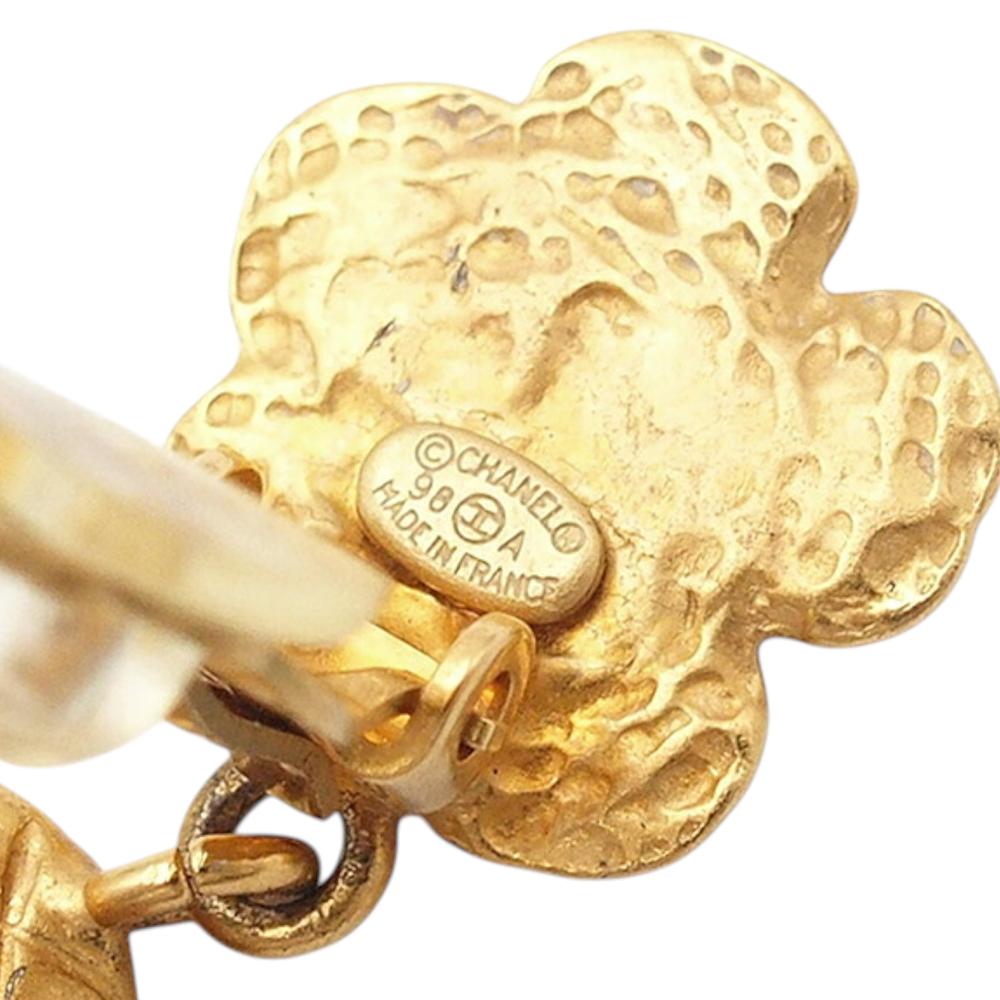 Chanel B Chanel Gold Gold Plated Metal Quilted Camellia Drop Clip on Earrings France