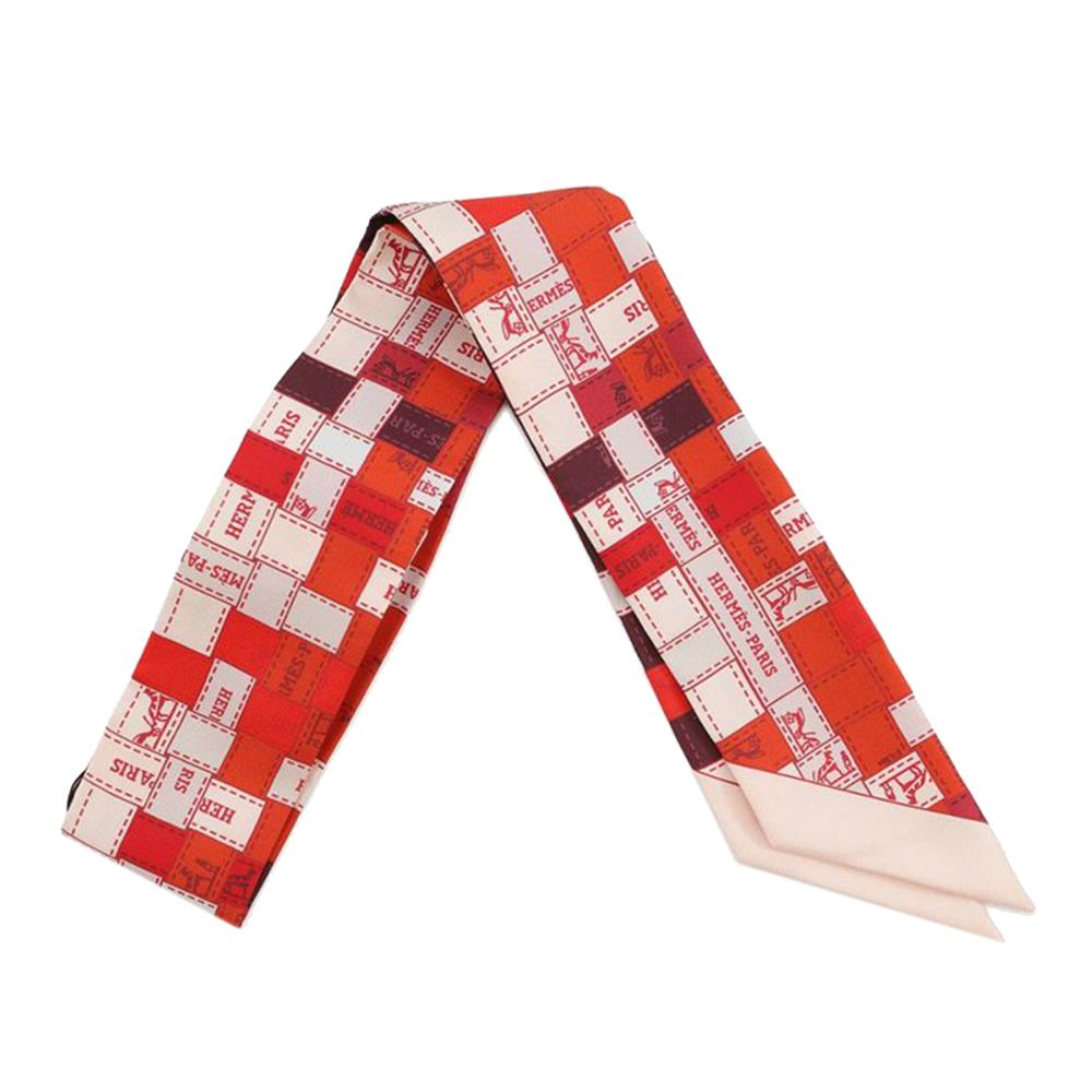 Hermès A Hermès Red with White Silk Fabric Bolduc Au Carre Twilly Scarf France