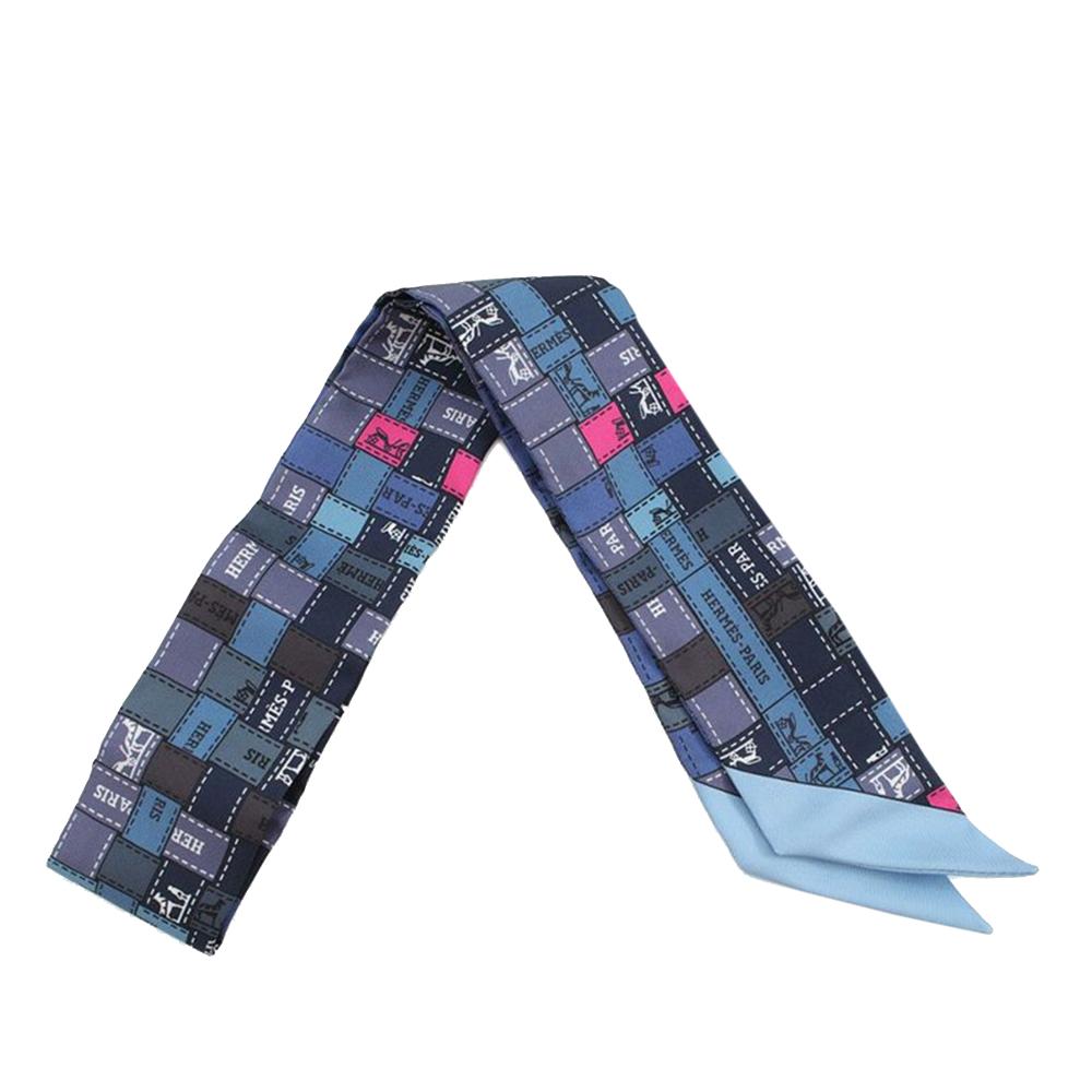 Hermès A Hermès Blue Dark Blue Silk Fabric Bolduc Au Carre Twilly Scarf France